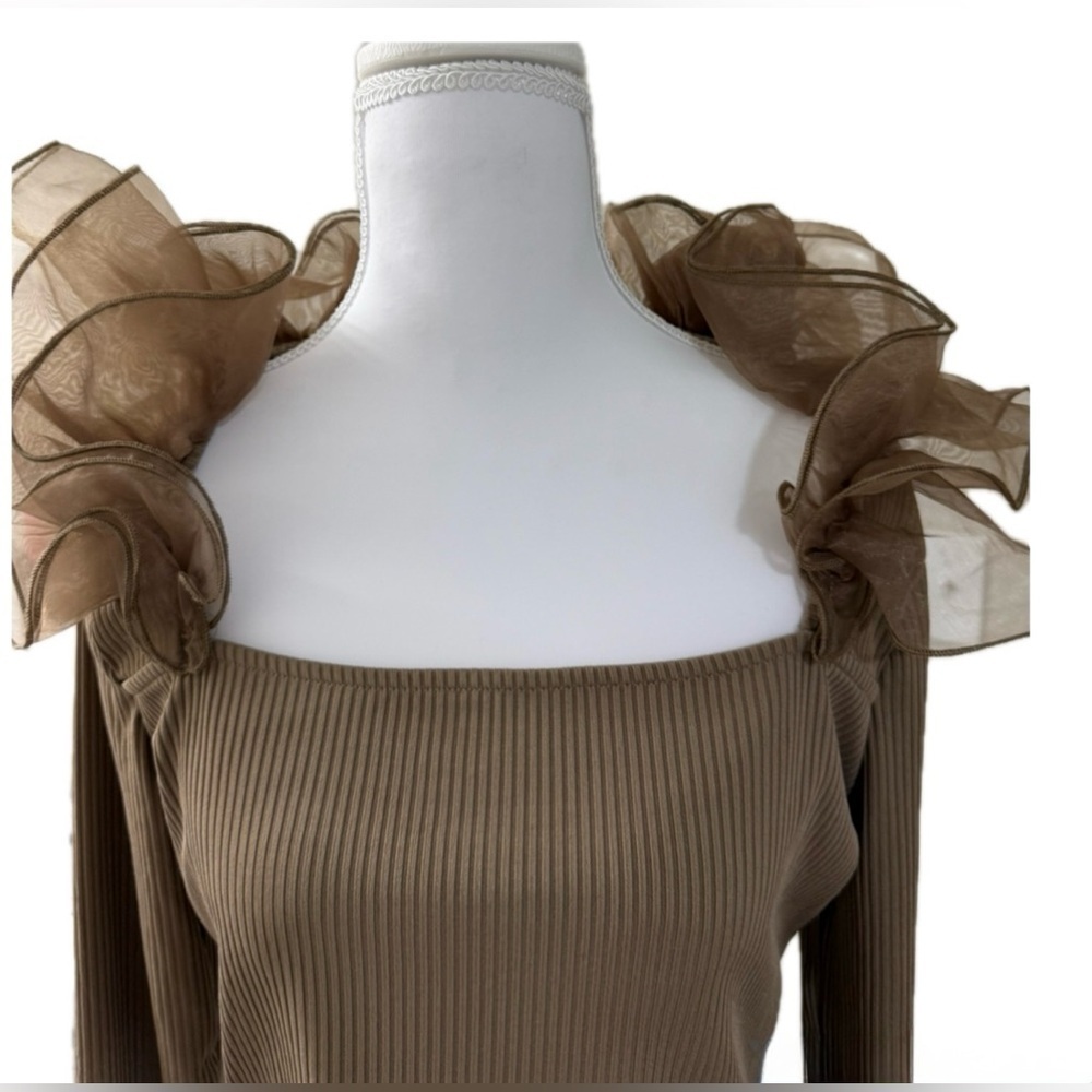 ZARA Ribbed Crop Top Large Taupe Organza Ruffle Long Sleeve Romantic. - Picture 6 of 11